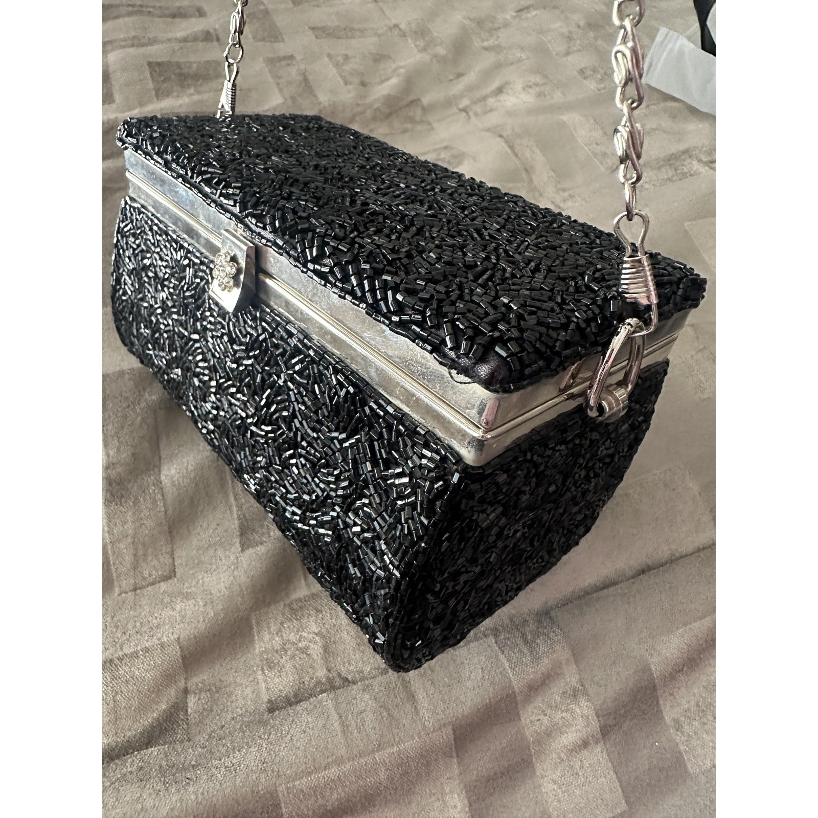 Vtg Beaded Evening Clutch Bag Black Hardcase Silver Chain Rhinestone Mirror